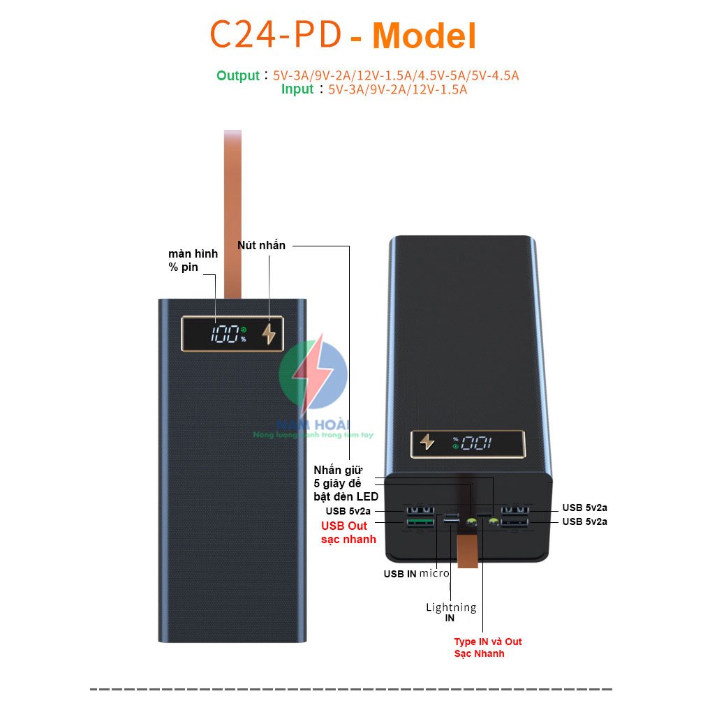 Box sạc dự phòng 24 cell pin 18650 C24 Sạc nhanh 22.5W và Sạc nhanh không dây 15W nam châm từ tính
