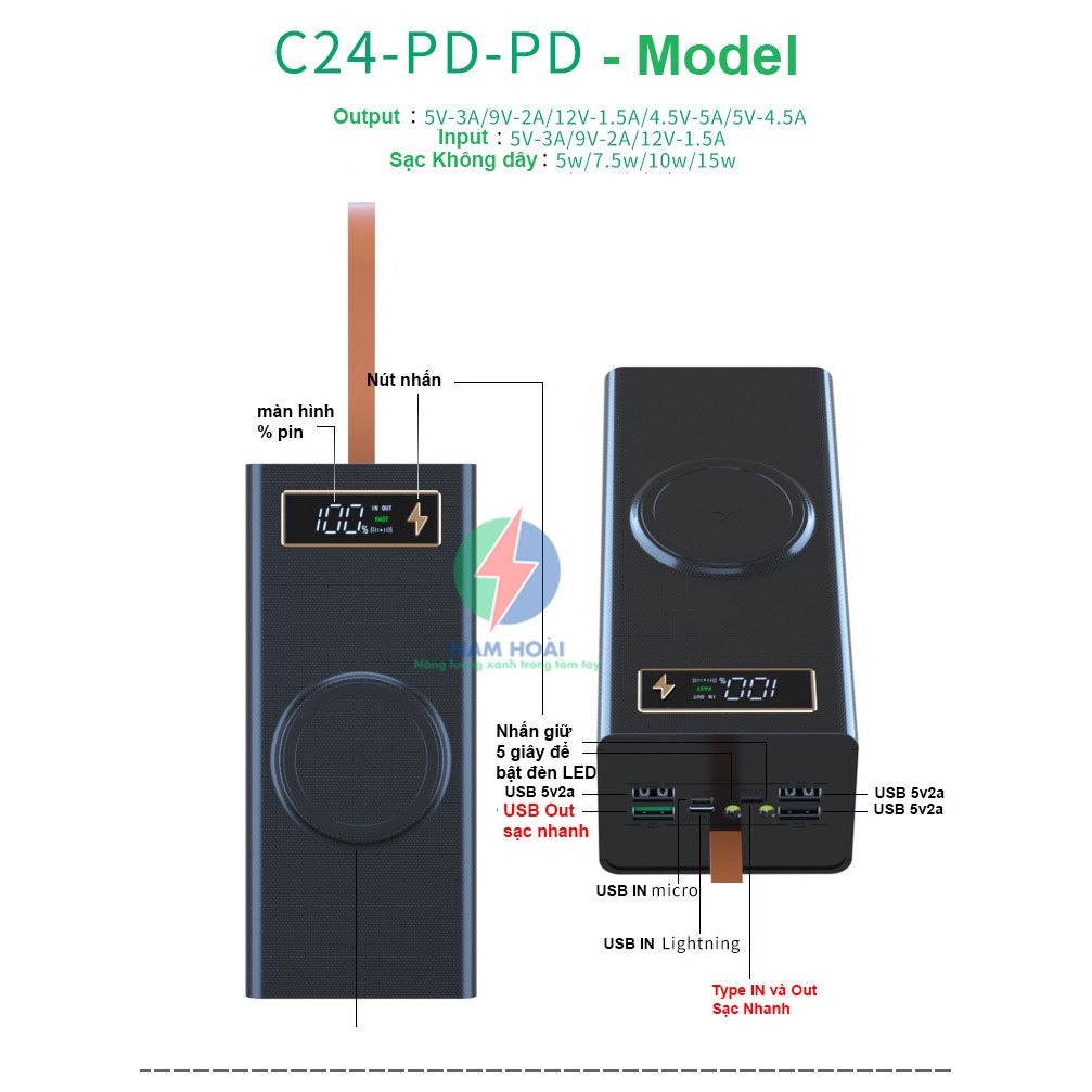 Box sạc dự phòng 24 cell pin 18650 C24 Sạc nhanh 22.5W và Sạc nhanh không dây 15W nam châm từ tính