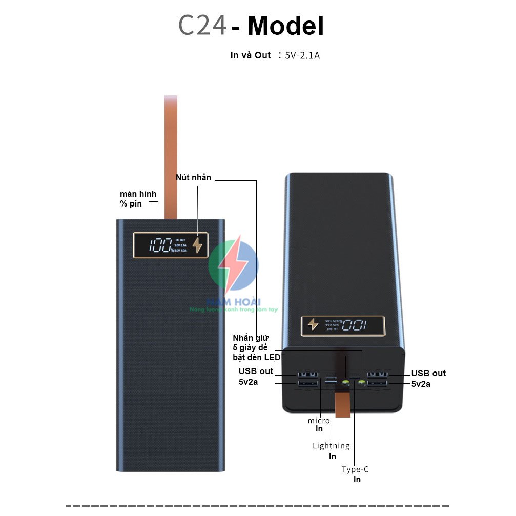 Box sạc dự phòng 24 cell pin 18650 C24 Sạc nhanh 22.5W và Sạc nhanh không dây 15W nam châm từ tính