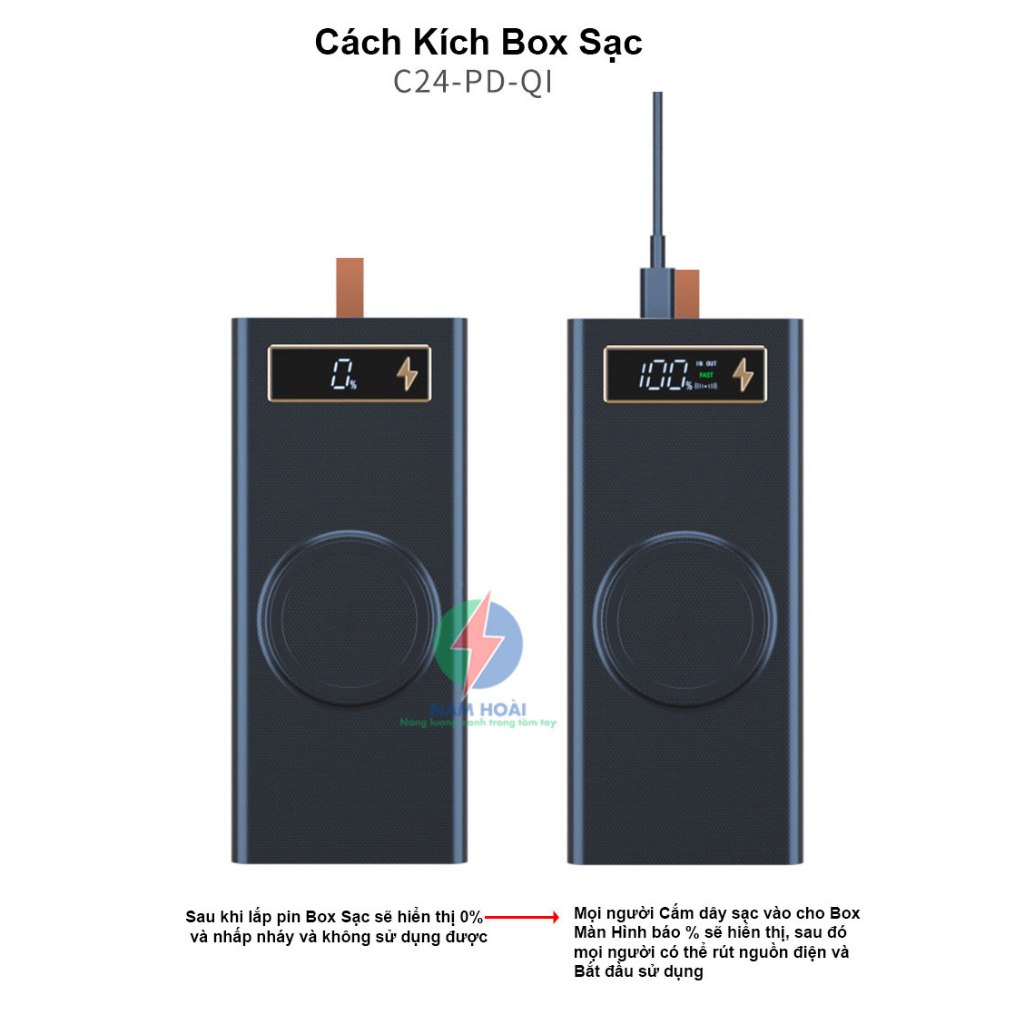 Box sạc dự phòng 24 cell pin 18650 C24 Sạc nhanh 22.5W và Sạc nhanh không dây 15W nam châm từ tính