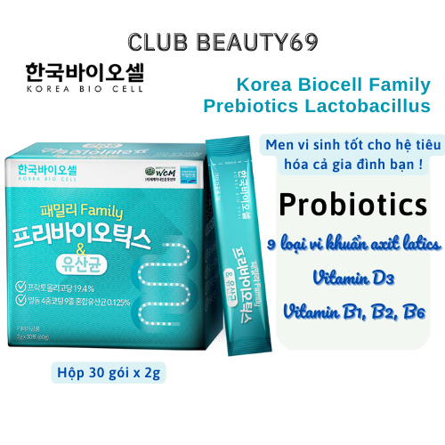 Men vi sinh Hàn Quốc Korea Biocell Family Prebiotics Lactobacillus bảo vệ sức khỏe đường ruột, hộp 30 gói, gói 2g