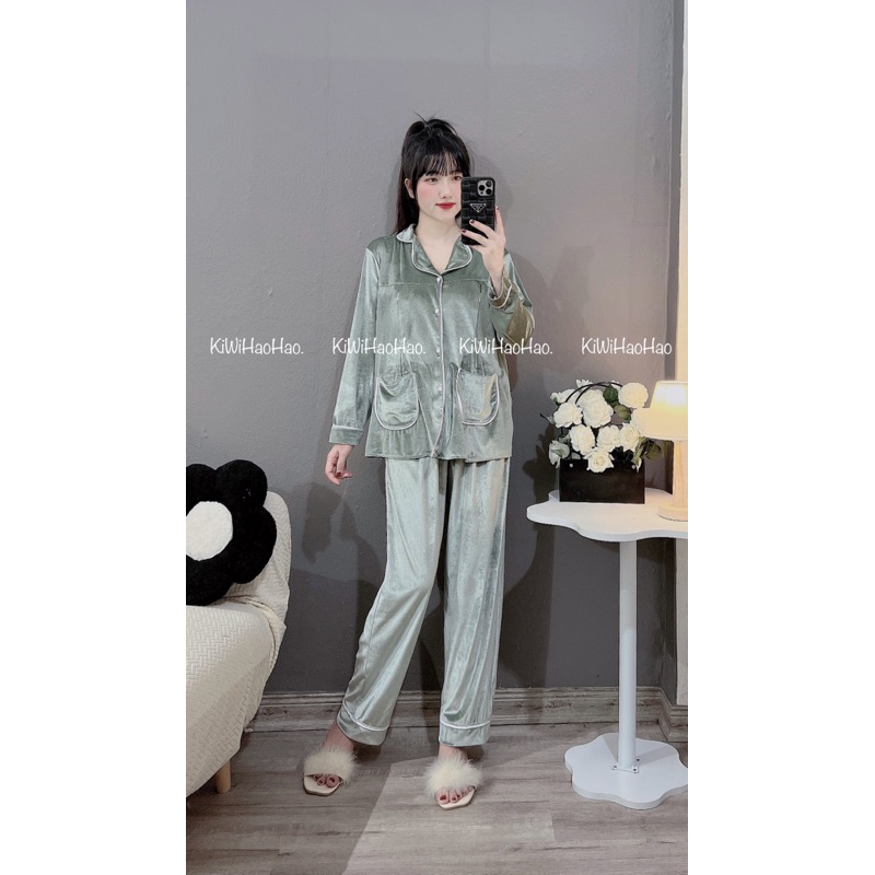 BỘ BẦU SAU SINH PIZAMA NHUNG MỀM SANG XỊN