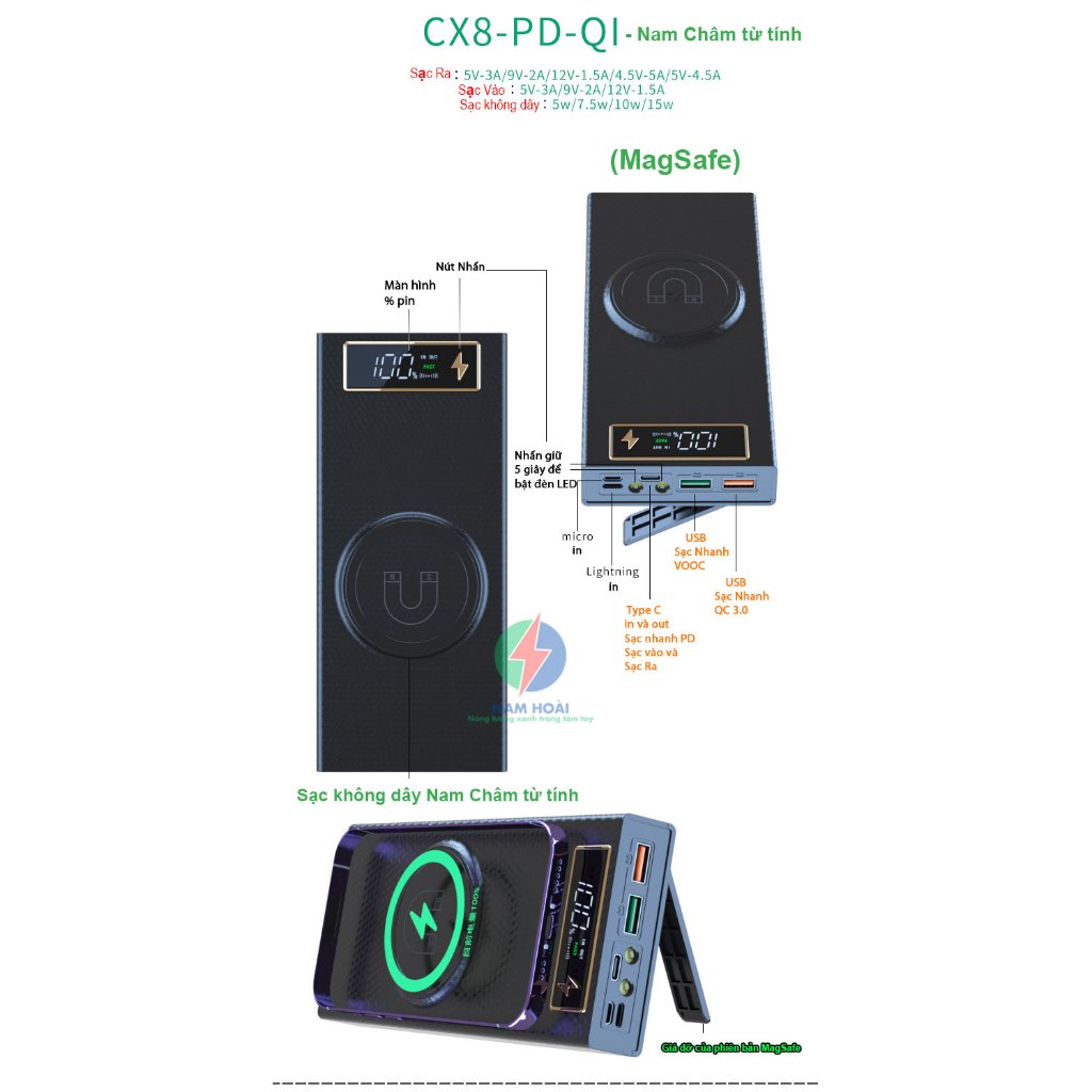 Box sạc dự phòng 8 cell pin 18650 CX8 Sạc nhanh 22.5W và Sạc nhanh không dây 15W nam châm từ tính