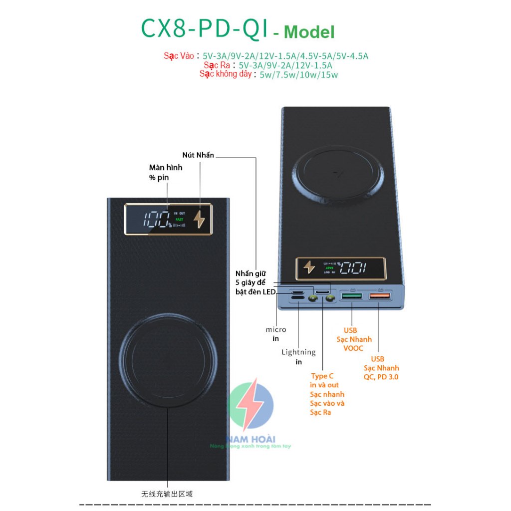 Box sạc dự phòng 8 cell pin 18650 CX8 Sạc nhanh 22.5W và Sạc nhanh không dây 15W nam châm từ tính