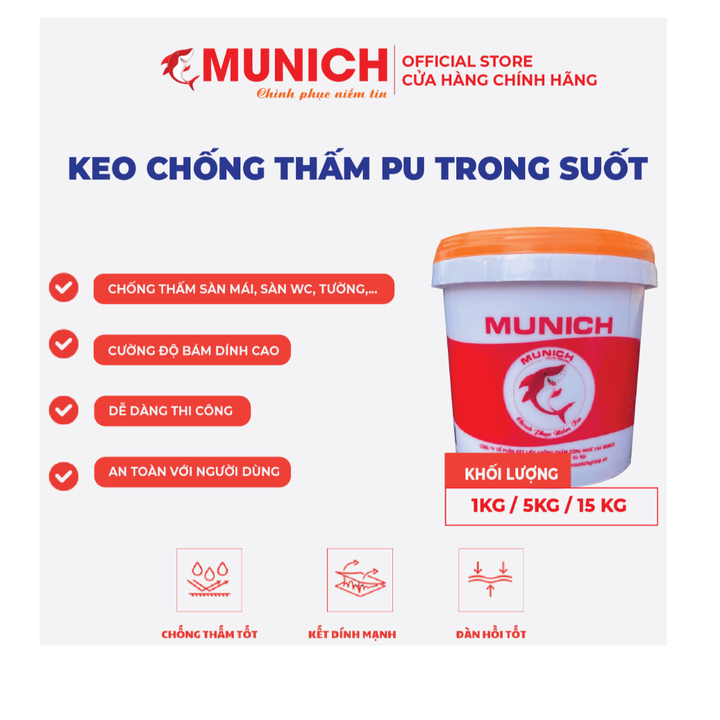 Munich chống thấm PU đàn hồi 500%, chống thấm vết nứt tường nhà nhà, sàn nhà vệ sinh, máng xối, mái tôn