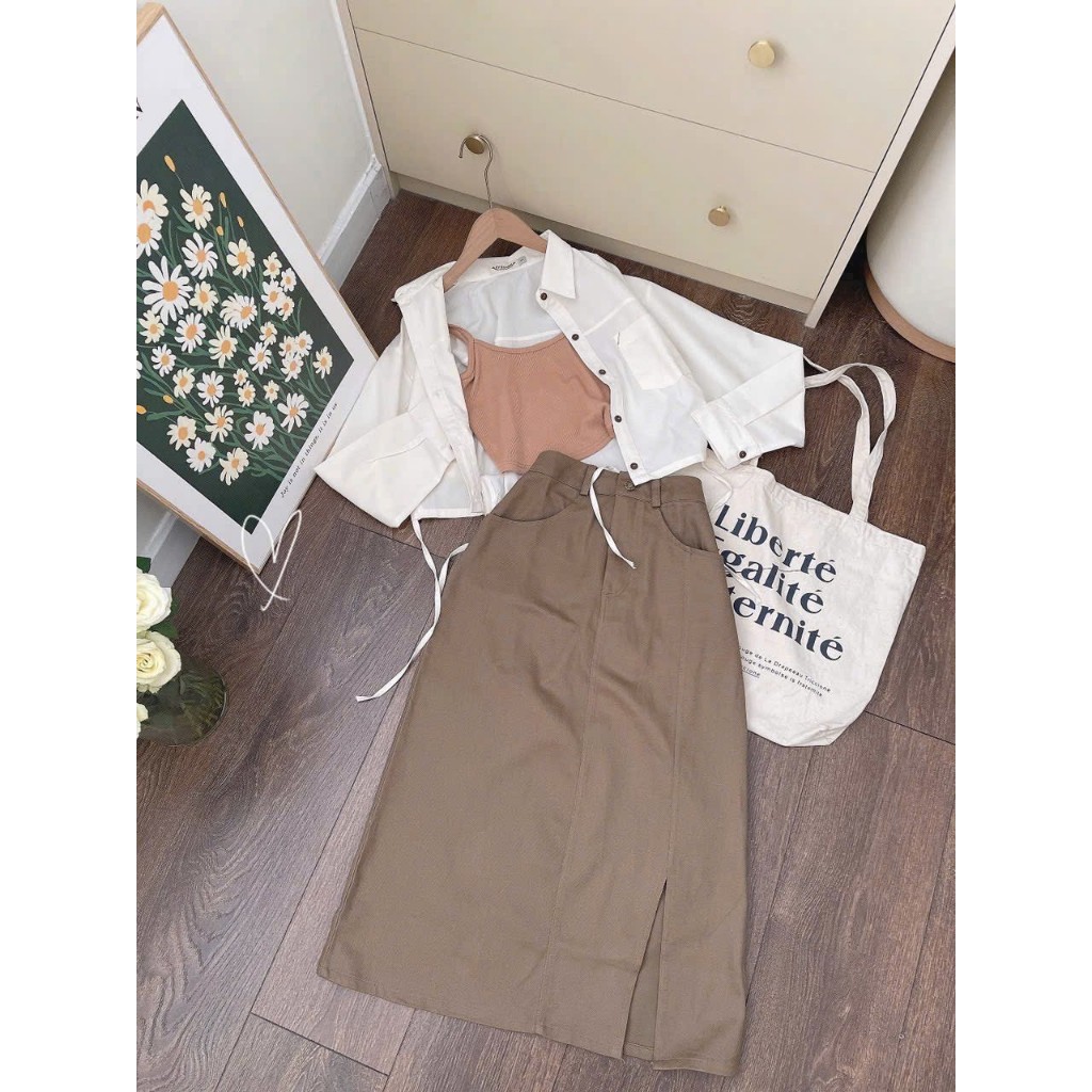 Set bộ 3 món kèm lót thời trang nữ chất chéo cổ somi đính nút tay dài váy kaki lưng nút 2 túi dáng váy chữ a maxi xẻ lai