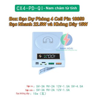 Box sạc dự phòng 4 cell pin 18650 cx4 sạc nhanh 22.5w và sạc nhanh không dây 15w nam châm từ tính