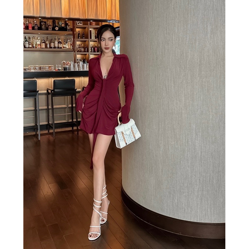 Đầm Body Sơ Mi Tay Loe Nhún Vạt Giữa Ôm Body Sexy