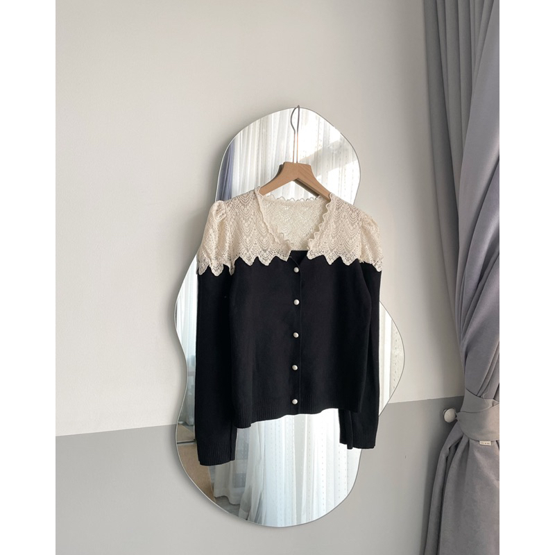 ÁO KHOÁC LEN PHA REN - ĐEN