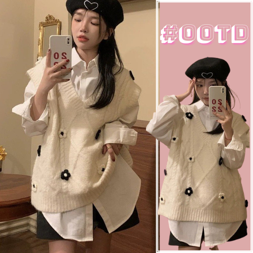 Áo gile nữ quảng châu cổ V, áo len kiểu hàn form vừa ulzzang phong cách Hàn - AogilehoaGL13_P0K38