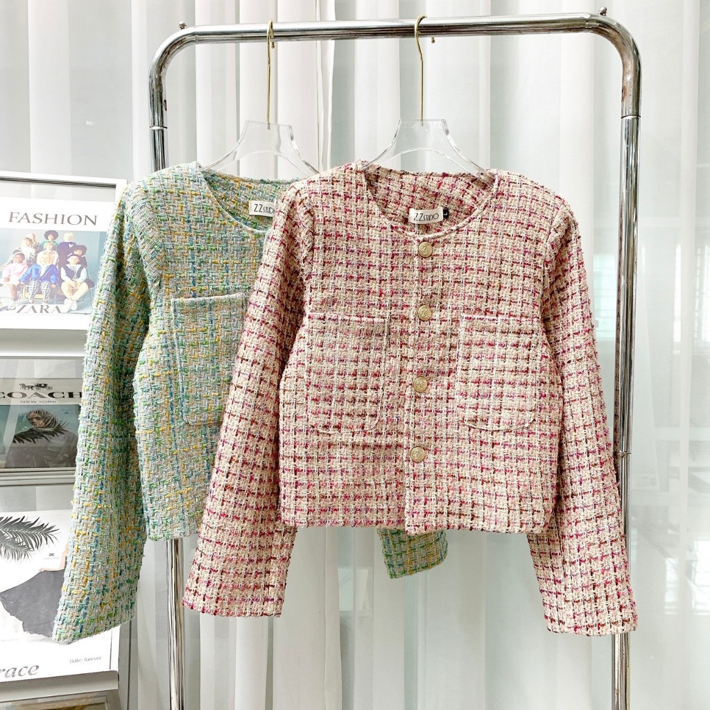 Áo Dạ 2 Túi Dáng Croptop Dài Tay Đính Khuy Dáng Tiểu Thư Hai Màu