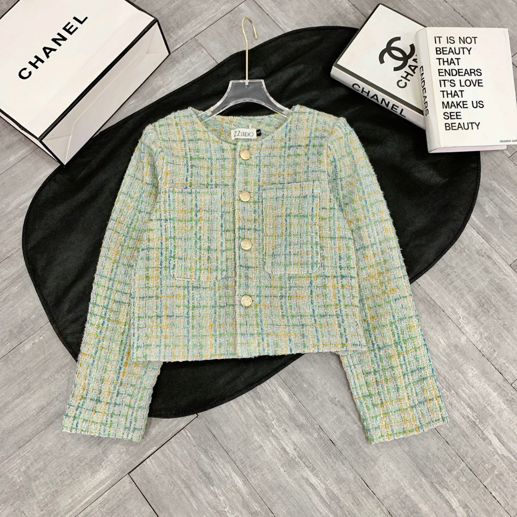Áo Dạ 2 Túi Dáng Croptop Dài Tay Đính Khuy Dáng Tiểu Thư Hai Màu
