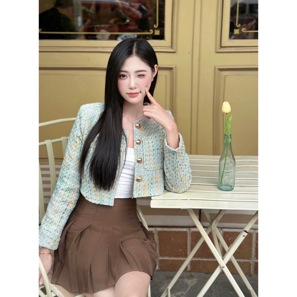 Áo Dạ 2 Túi Dáng Croptop Dài Tay Đính Khuy Dáng Tiểu Thư Hai Màu