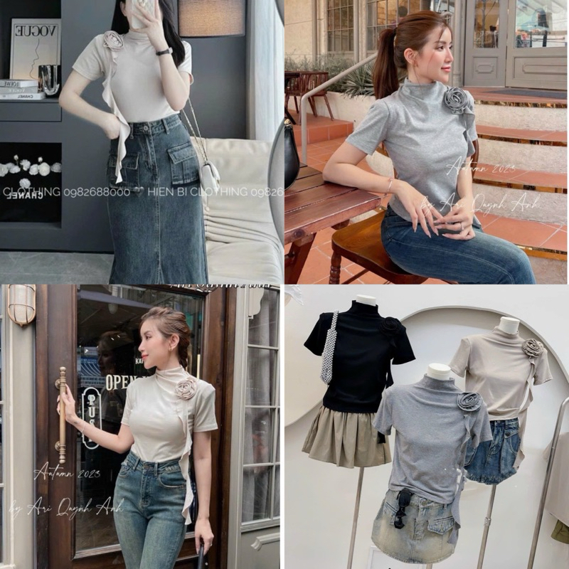 Áo Thun Tay Ngắn Cổ 3P Đính Hoa Siêu Hot