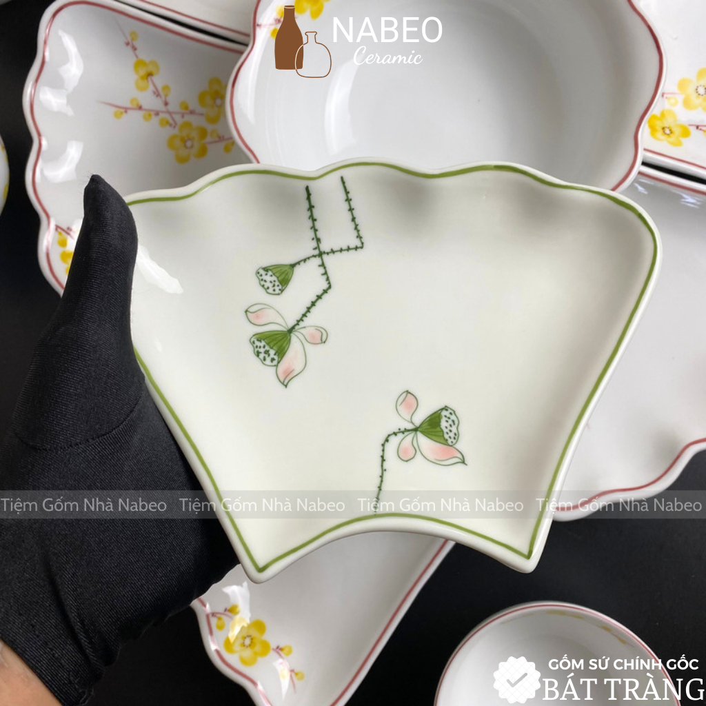 Bộ Bát Đĩa Gia Tiên Sen Đài Men Kem, Bộ Hoa Mặt Trời thắp hương, 15 chi tiết size 45cm - Gốm Sứ Bát Tràng