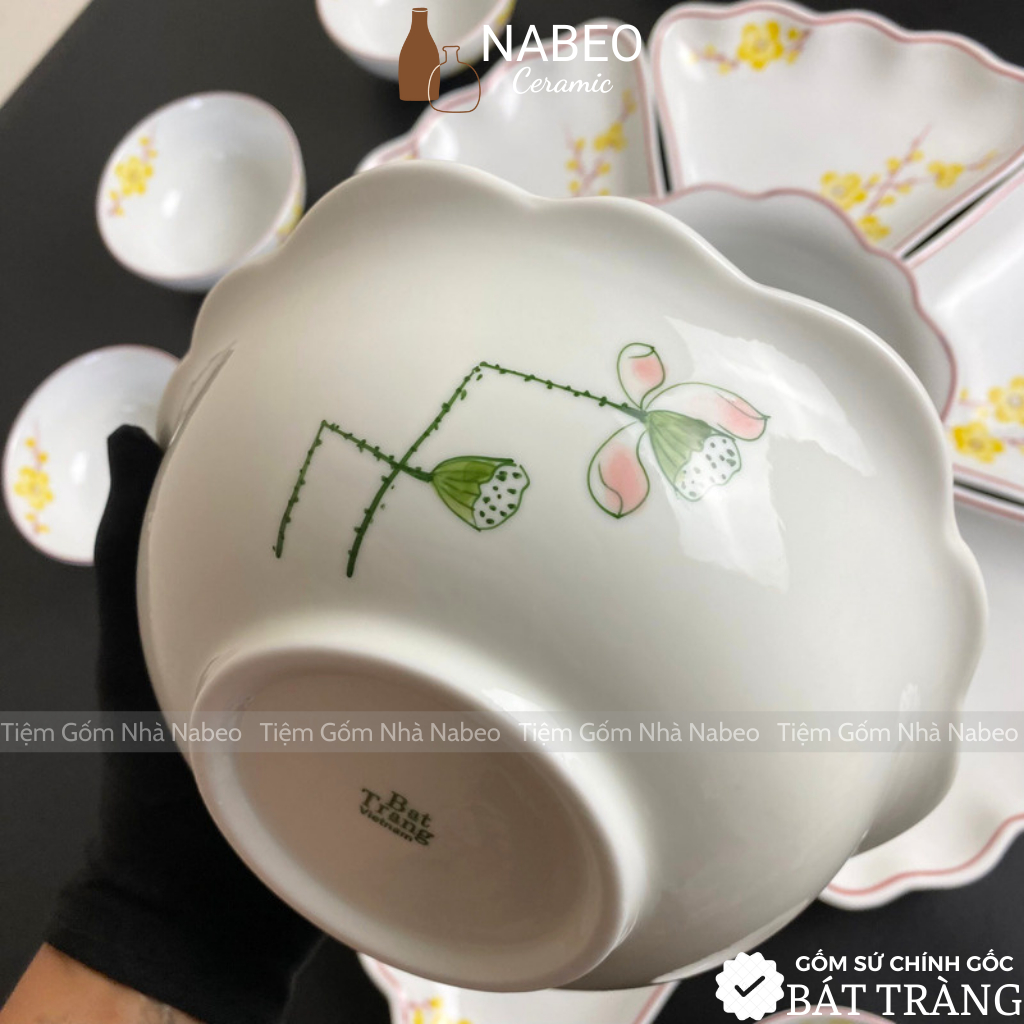 Bộ Bát Đĩa Gia Tiên Sen Đài Men Kem, Bộ Hoa Mặt Trời thắp hương, 15 chi tiết size 45cm - Gốm Sứ Bát Tràng