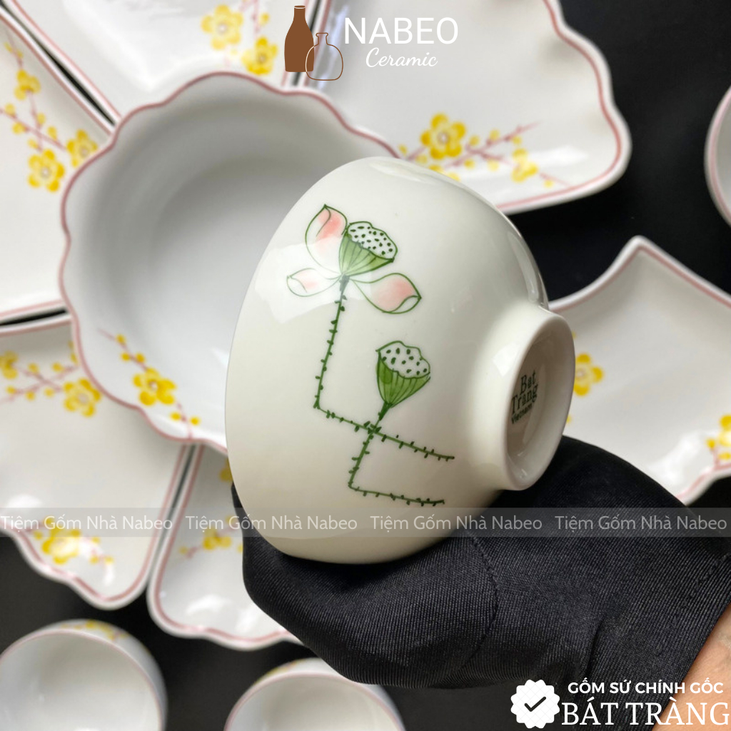 Bộ Bát Đĩa Gia Tiên Sen Đài Men Kem, Bộ Hoa Mặt Trời thắp hương, 15 chi tiết size 45cm - Gốm Sứ Bát Tràng