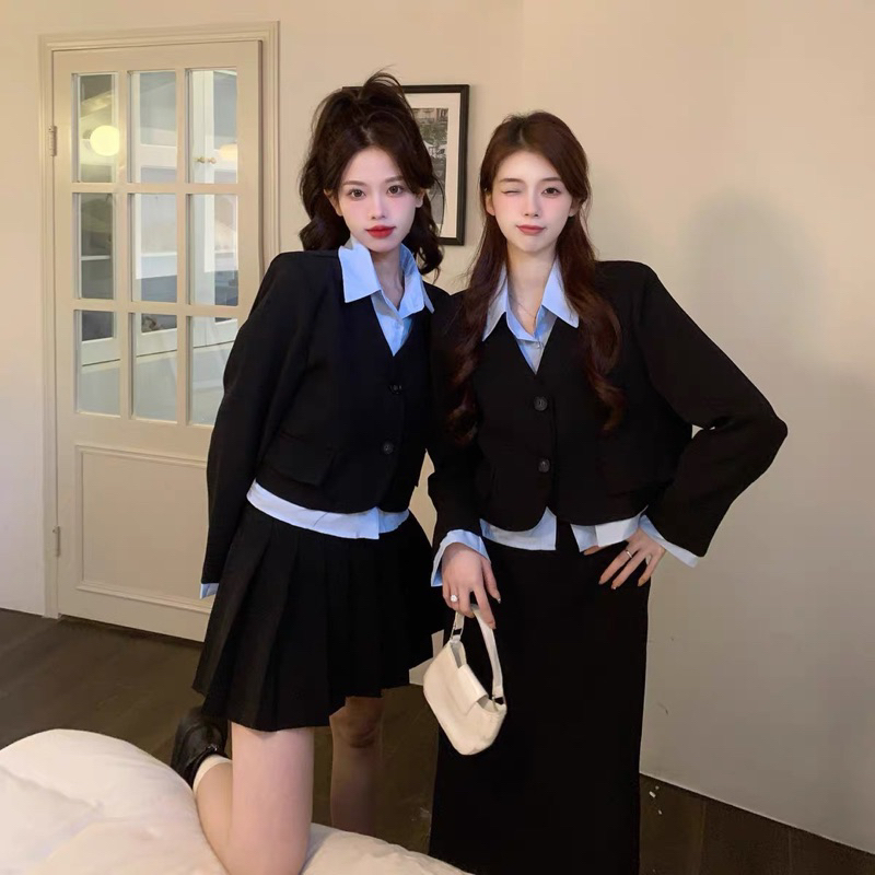 Set Dạ Pha Sơ Mi Xanh 2 Dáng Ngắn - Dài