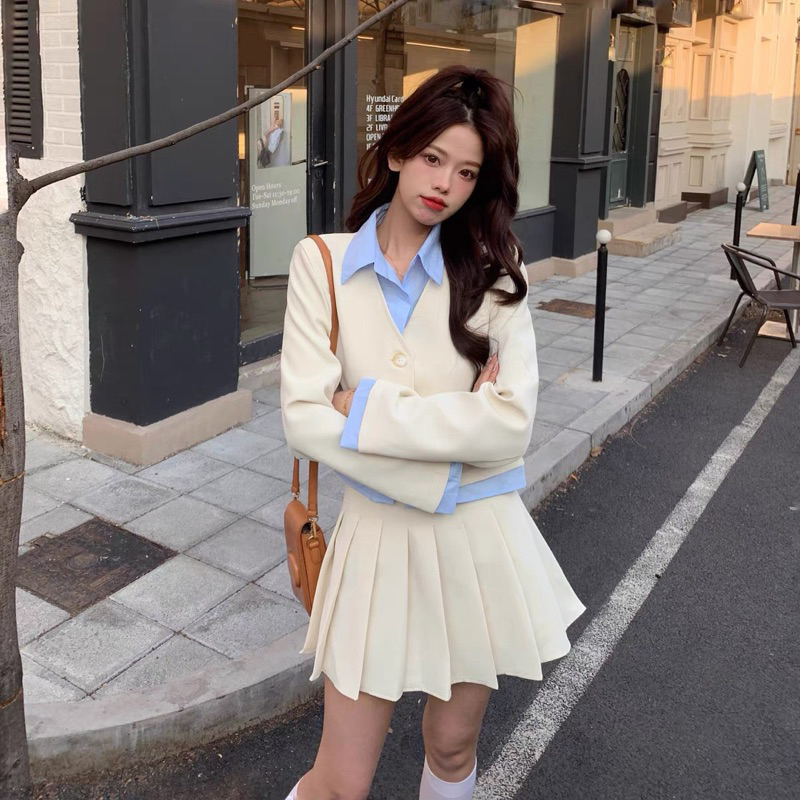 Set Dạ Pha Sơ Mi Xanh 2 Dáng Ngắn - Dài