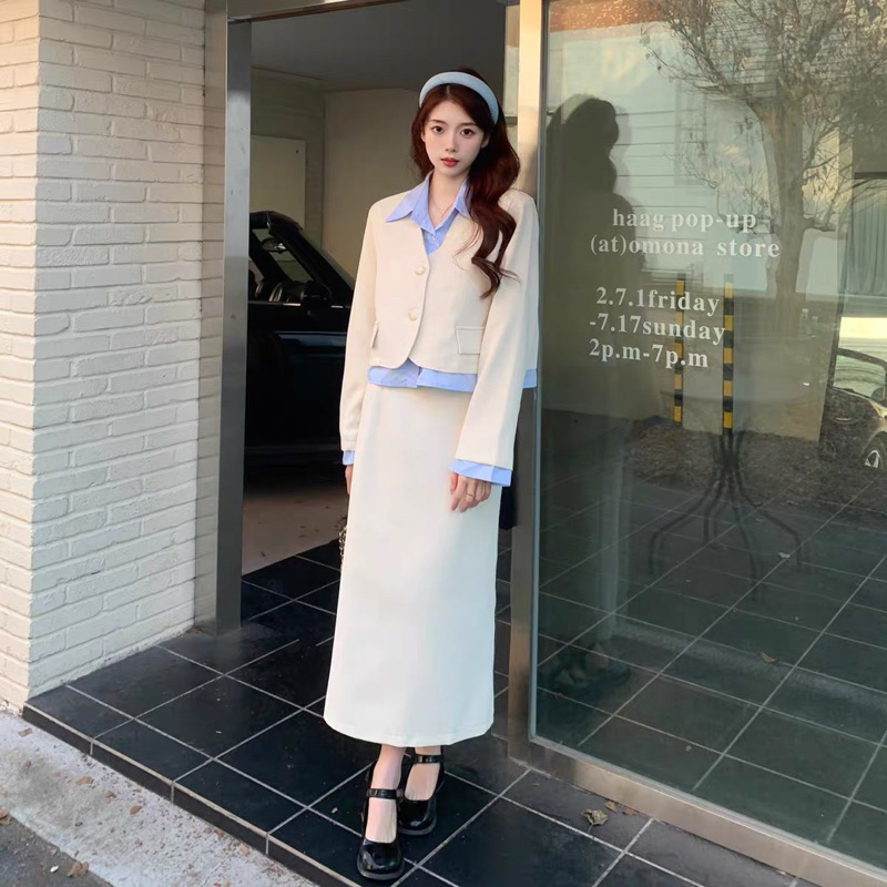 Set Dạ Pha Sơ Mi Xanh 2 Dáng Ngắn - Dài