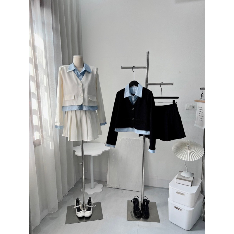 Set Dạ Pha Sơ Mi Xanh 2 Dáng Ngắn - Dài