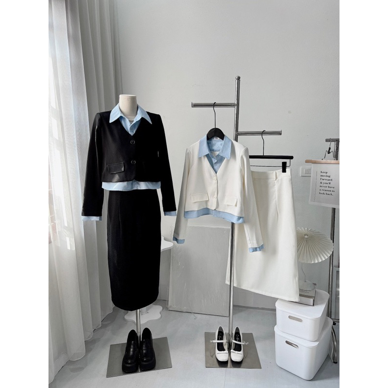 Set Dạ Pha Sơ Mi Xanh 2 Dáng Ngắn - Dài