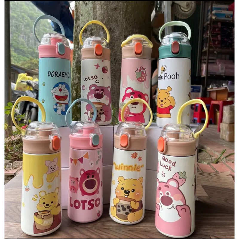 Bình giữ nhiệt CUTE 500ML kèm ống hút. Bình nước giữ nhiệt HÀNG VỀ SẴN, ly giữ nhiệt gấu dâu