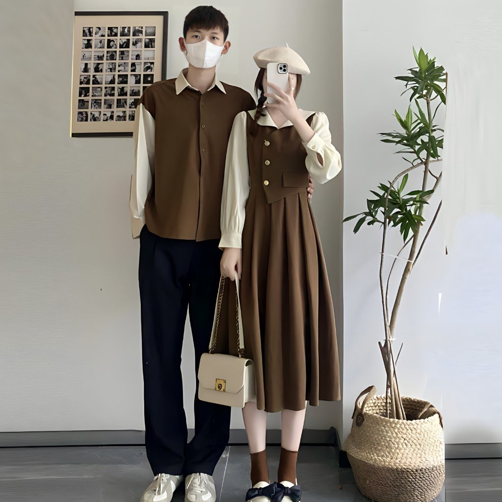Set đồ đôi áo sơ mi nam đầm nữ couple, trẻ trung thời trang hàn quốc