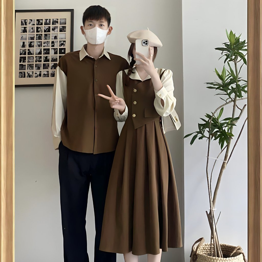 Set đồ đôi áo sơ mi nam đầm nữ couple, trẻ trung thời trang hàn quốc