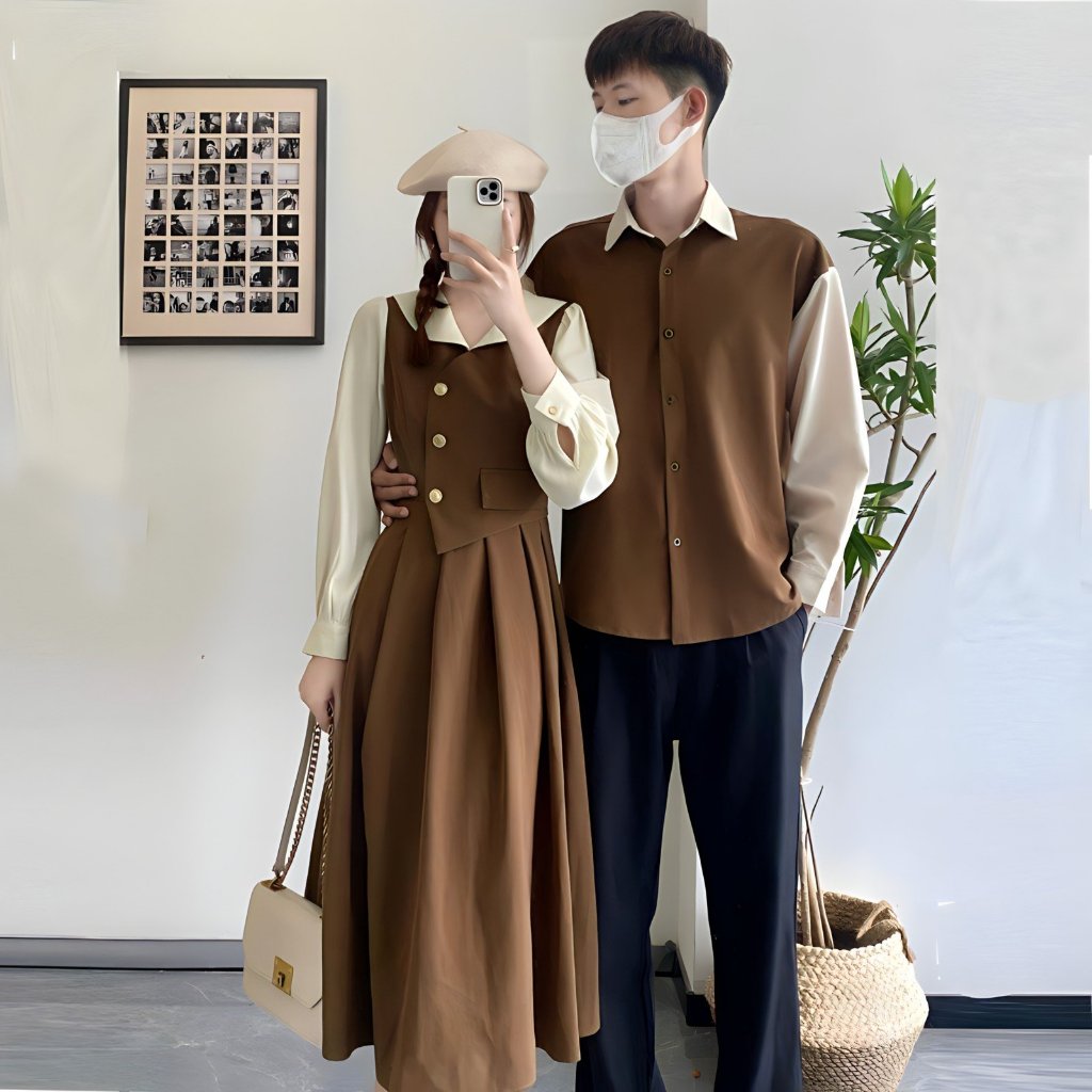 Set đồ đôi áo sơ mi nam đầm nữ couple, trẻ trung thời trang hàn quốc