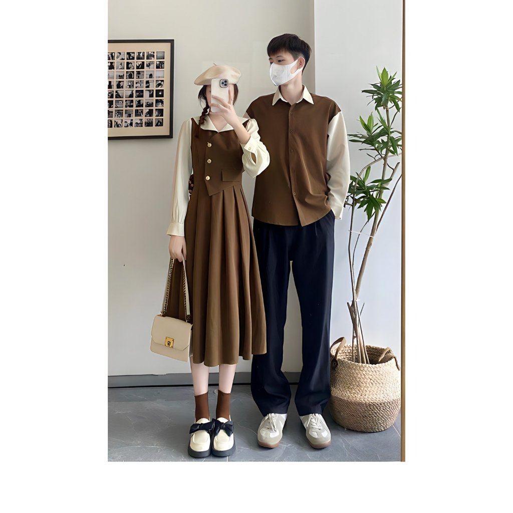 Set đồ đôi áo sơ mi nam đầm nữ couple, trẻ trung thời trang hàn quốc