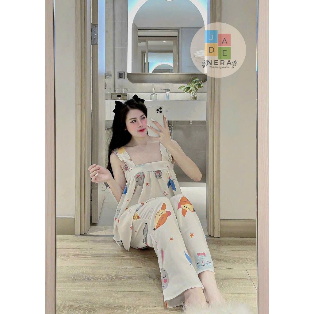 Bộ mặc nhà áo 2 dây bản to bèo, quần dài, dễ thương, mango loại 1, siêu xin - Form (42-60kg)