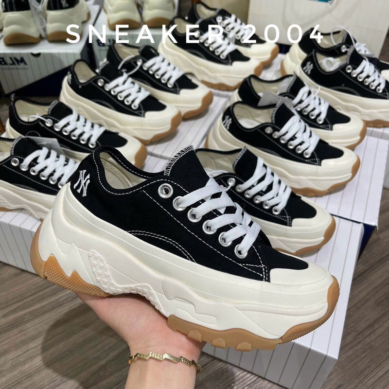 Giày Độn Đế MLB Chunky vải High NY cổ thấp Black White 1:1 Nam Nữ - Giày thể thao Đế Cao nâu Trắng hot trend