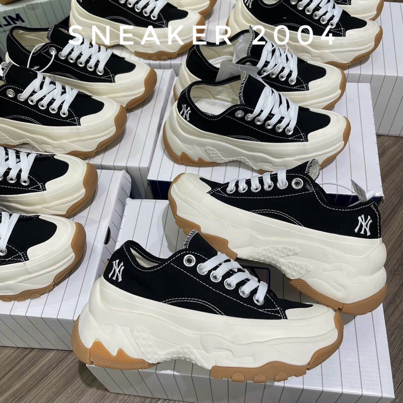 Giày Độn Đế MLB Chunky vải High NY cổ thấp Black White 1:1 Nam Nữ - Giày thể thao Đế Cao nâu Trắng hot trend