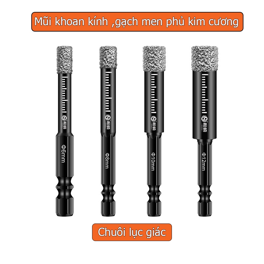 Mũi khoan kính khoan gạch men phủ kim cương chuôi lục giác khoan gạch đá hoa cương thủy tinh khoan kính phi 6 8 10 12mm