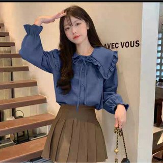 Áo sơ mi dài tay dáng rộng chất liệu nhung chéo lá cổ bèo tiểu thư cột nơ phong cách Hàn Quốc phù hợp mặc đi họcđi chơi