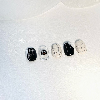 Nailbox Hely - Móng tay giả vẽ tay màu đen, be sữa chua, be nude, mắt đen