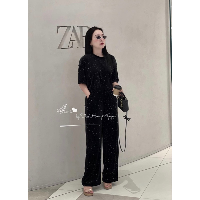 BỘ NHUNG BLING BLING ĐÍNH ĐÁ SANG CHẢNH QUẦN XUÔNG DÀI
