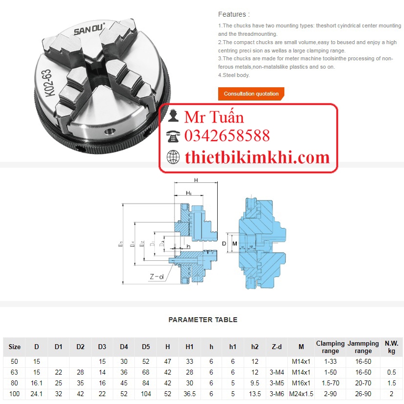 Mâm cặp cơ khí 63mm K01-63