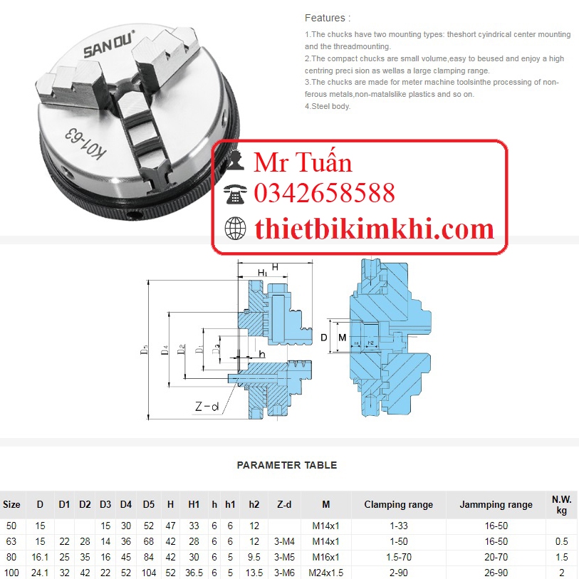 Mâm cặp cơ khí 63mm K01-63