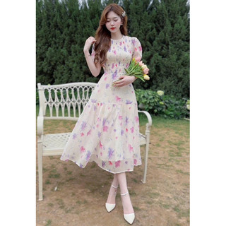 Đầm xu hướng dễ thương du lịch chất voan hoa cao cấp cổ tròn chạy mocking nhún phần trước sau váy xoè maxi XĐ