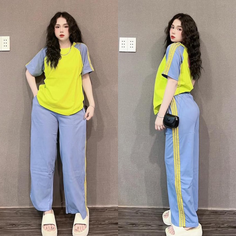 Set Áo Thun Cotton Phối Màu Quần Suông Chạy Sọc- HN Closet