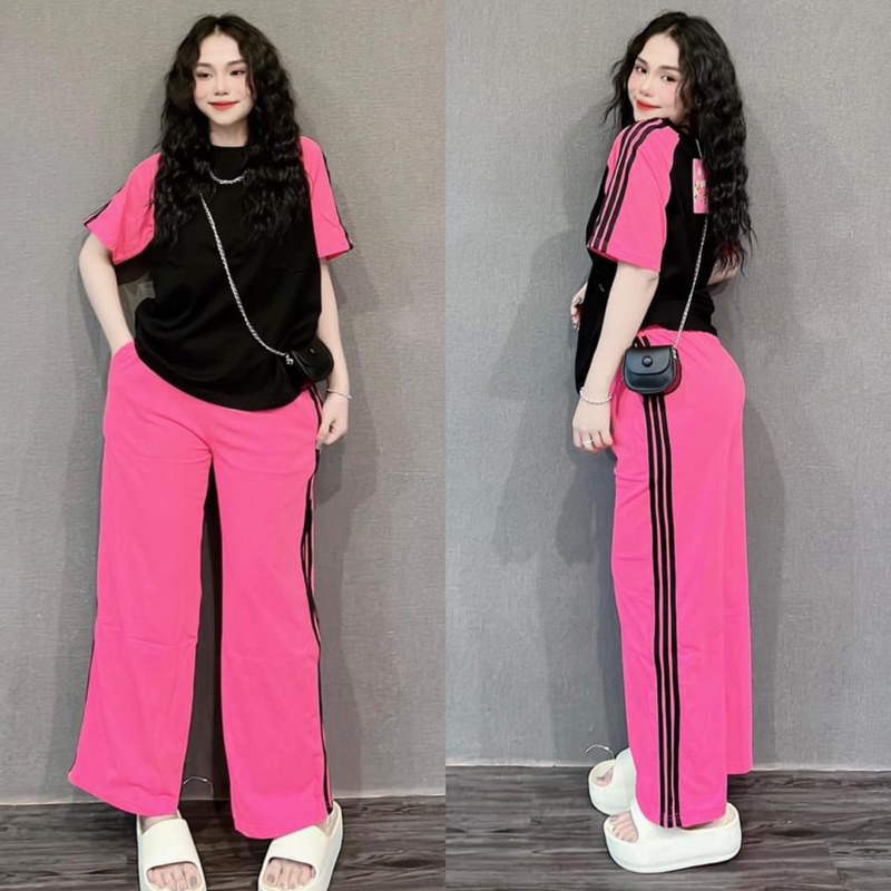 Set Áo Thun Cotton Phối Màu Quần Suông Chạy Sọc- HN Closet