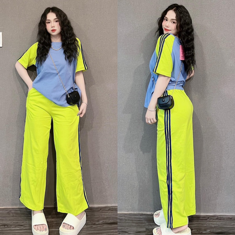 Set Áo Thun Cotton Phối Màu Quần Suông Chạy Sọc- HN Closet