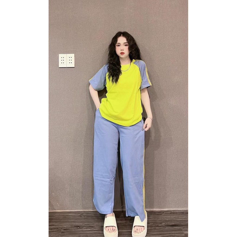 Set Áo Thun Cotton Phối Màu Quần Suông Chạy Sọc- HN Closet