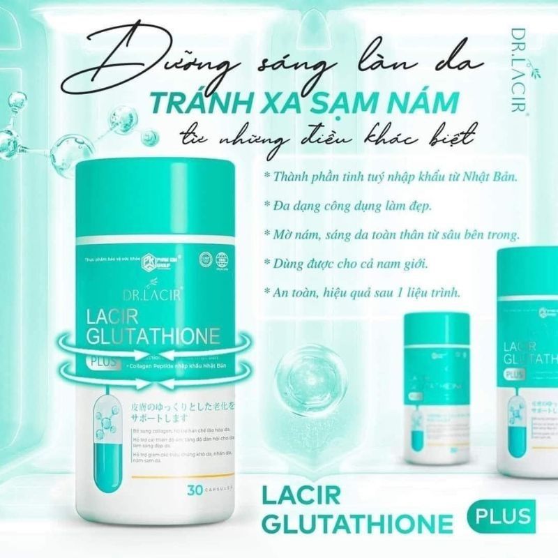 Viên uống trắng da, hủy nám Lacir Glutathione Plus mẫu mới, sáng da, chống nắng hiệu quả hộp 30 viên chính hãng