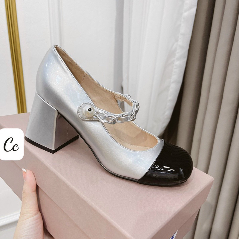 Giày cao gót miu miu da bóng gót trụ quai ngang fullbox