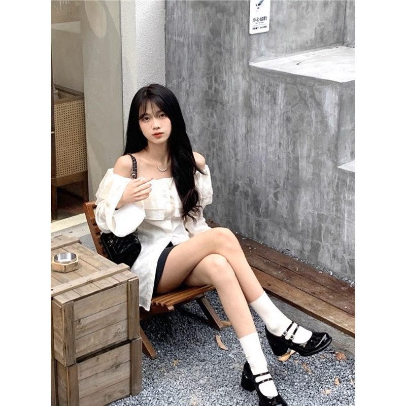 Áo trễ vai phối bèo tay dài, áo sơmi kiểu nữ dài tay trễ vai siêu nữ tính