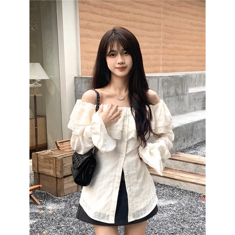 Áo trễ vai phối bèo tay dài, áo sơmi kiểu nữ dài tay trễ vai siêu nữ tính
