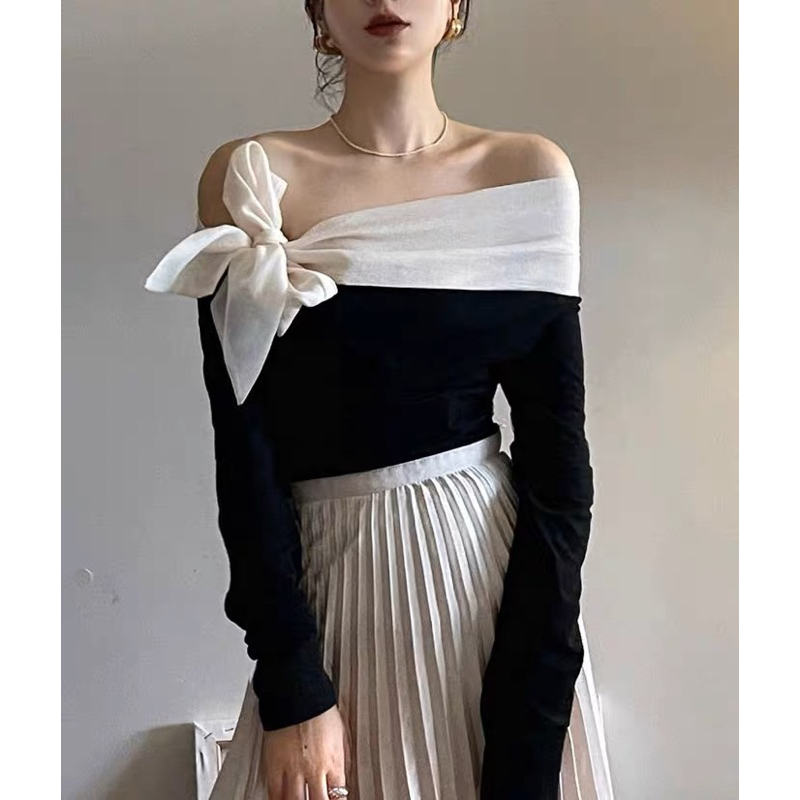 Áo trễ vai bèo thắt nơ xinh xắn, áo kiểu nữ trễ vai gợi cảm vải cotton thun cao cấp